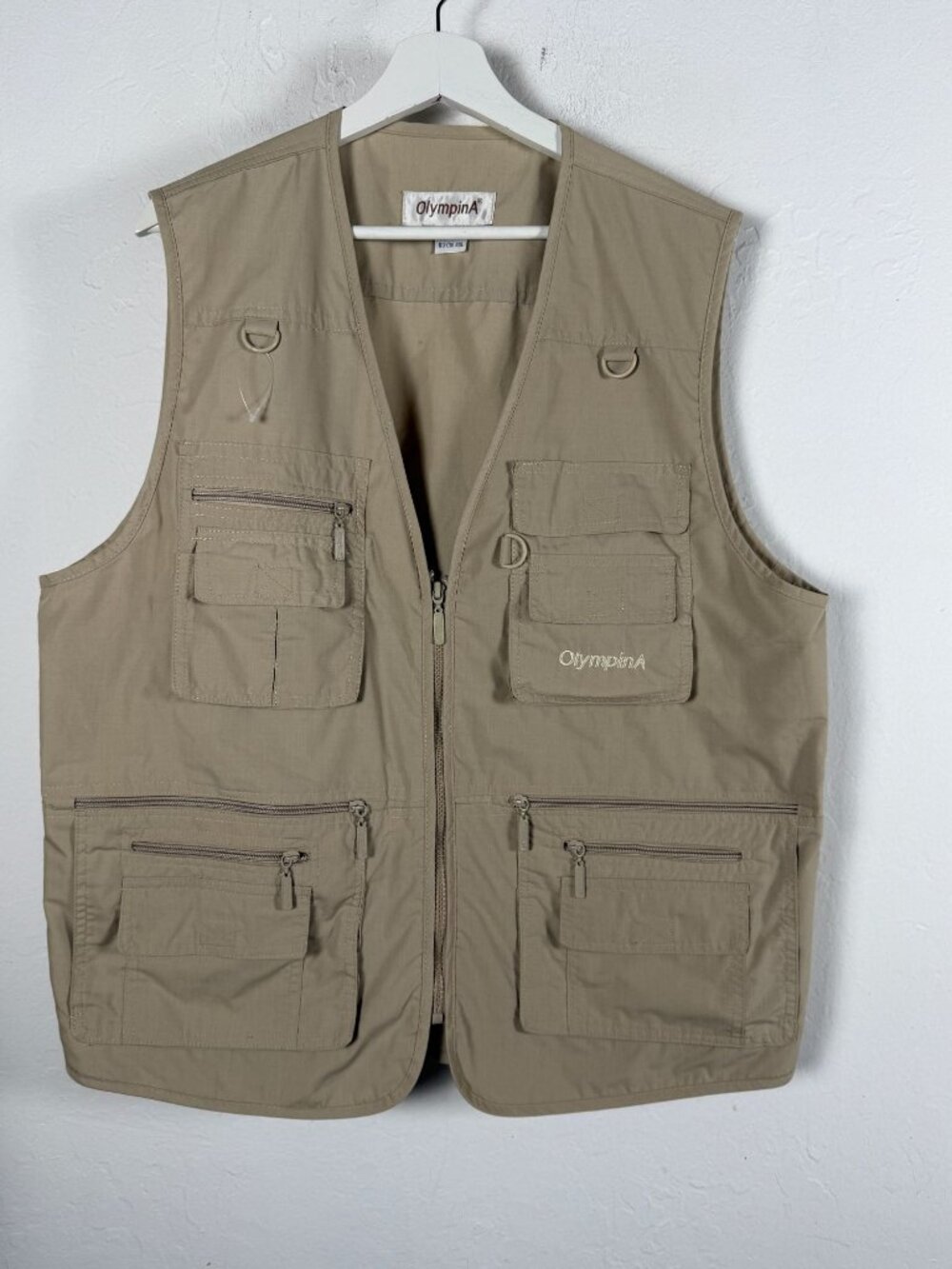 Olympina Utility Vest Mens XL Khaki Tan Multi Pocket Fishing Cargo Techwear Gorp